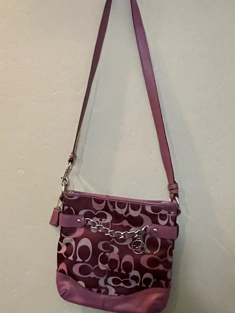 Berry pink mauve Signature-Print Crossbody Shoulder Bag sateen leather silver